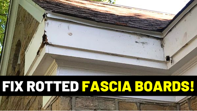 Before and after comparison of rotted, damaged wood fascia board (left) replaced with clean, new fascia (right) on house roof edge.